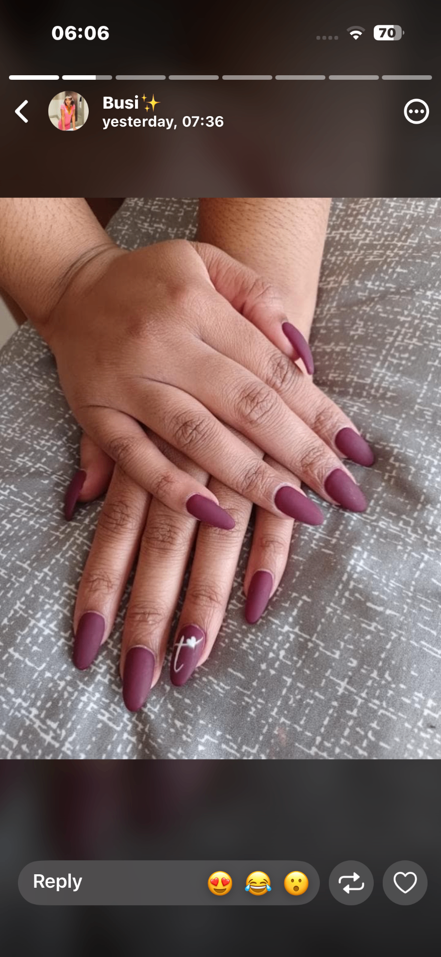 Burgundy matte stiletto gel nails created at Botanica Spa Olivedale