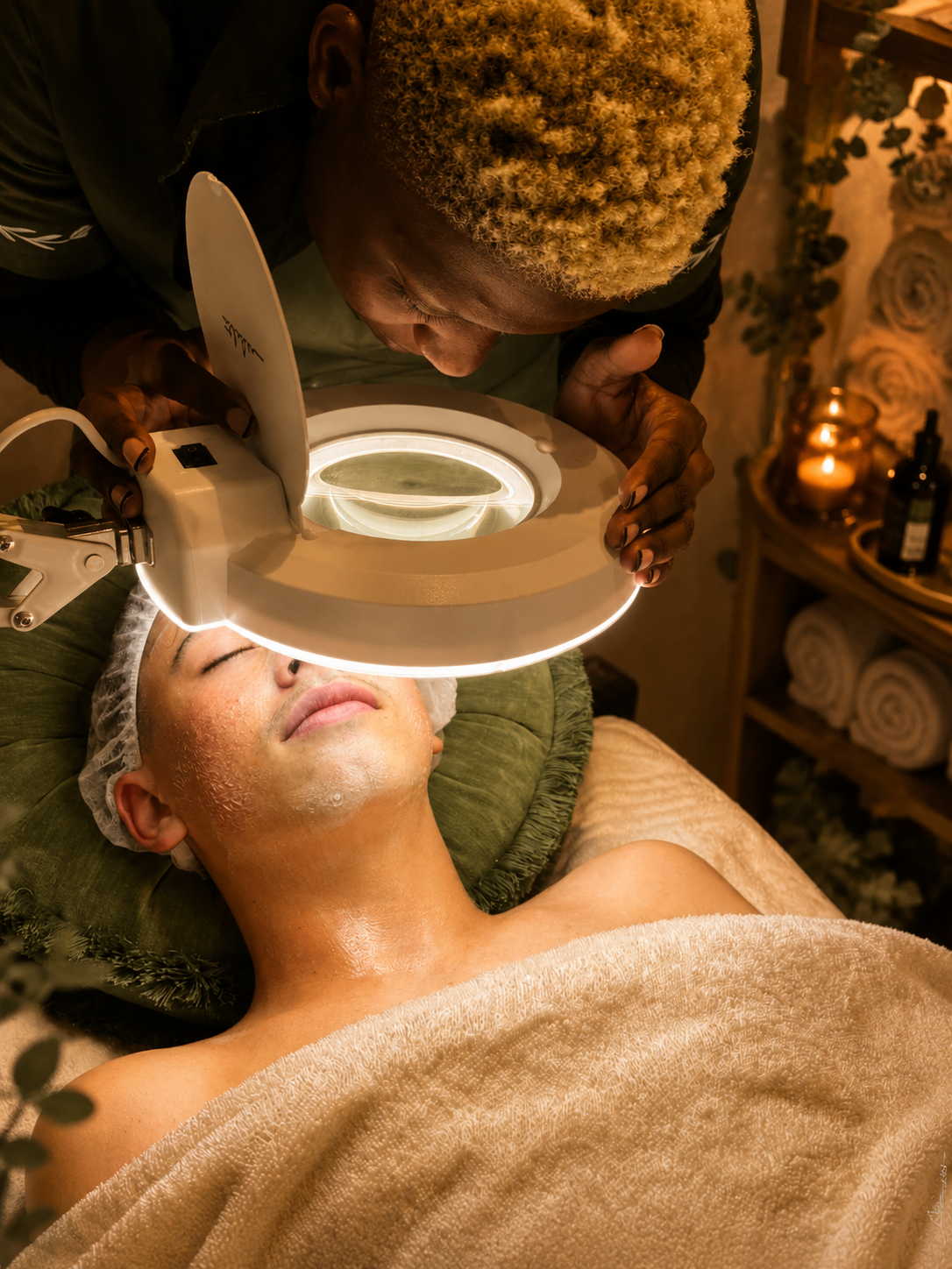 Skin analysis under a magnifying lamp at Botanica Spa Olivedale